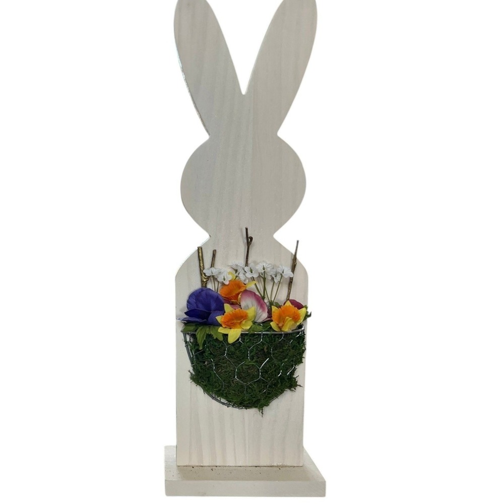 Jo-Ann Stores Easter Bunny Table Decor Wood Floral Basket White NWT 15in